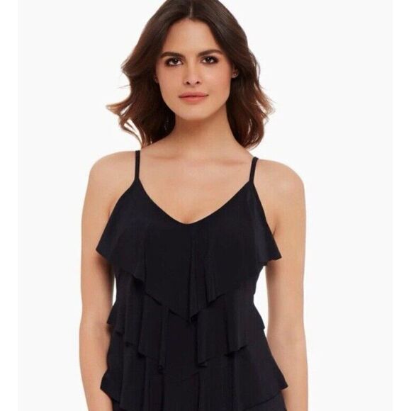 Magicsuit Miraclesuit Tankini Rita 10 Navy Black Tiered Ruffled Swim Top.      V - Picture 1 of 8
